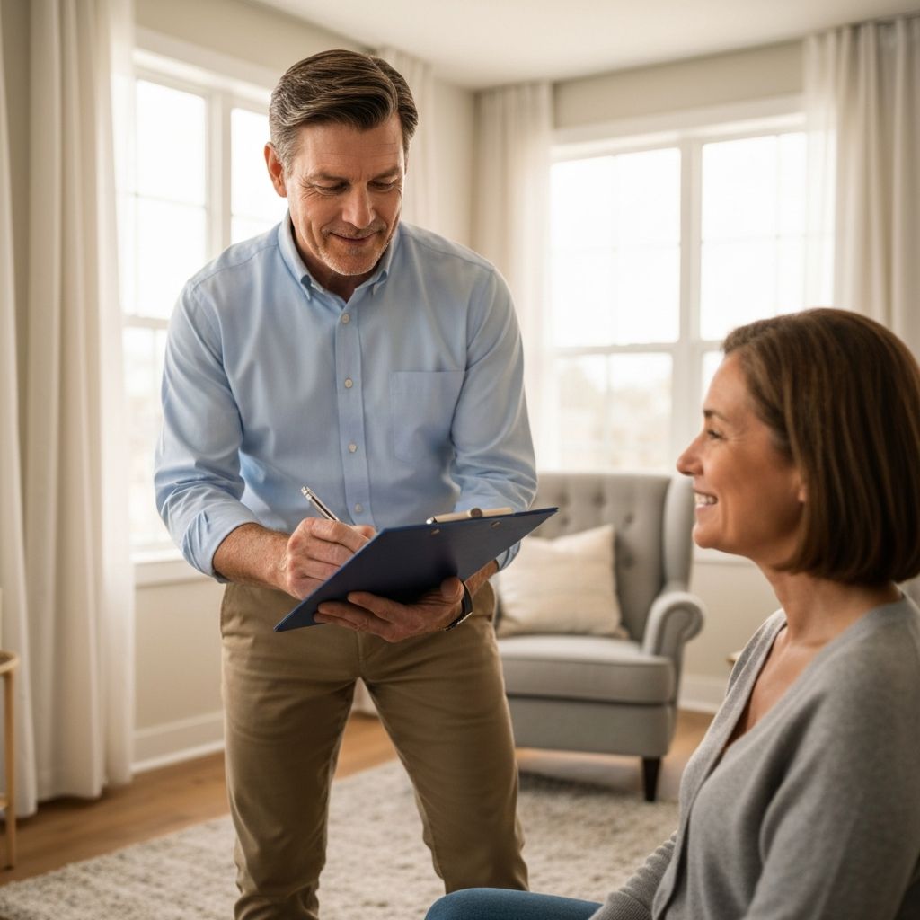 Occupational therapist conducting a home assessment with a client, reviewing notes together in a comfortable living room